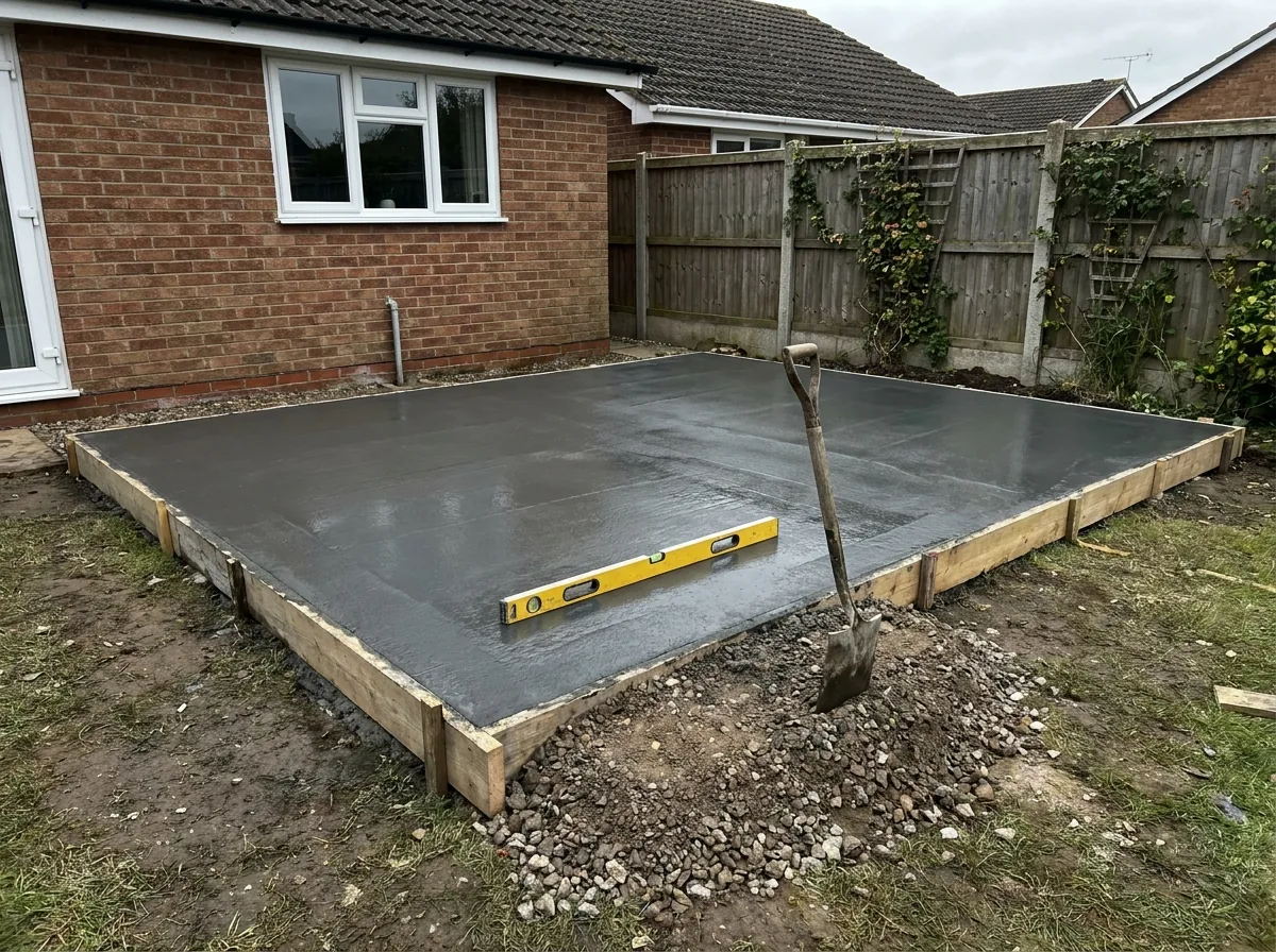 Freshly poured and levelled concrete base in a back garden with clean formwork edges, a spirit level resting on the slab