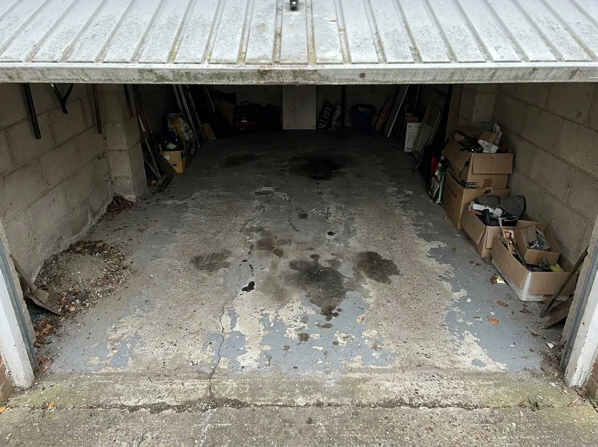 Bare domestic garage floor before resin, showing dusting concrete, oil staining, cracking and flaking old floor paint