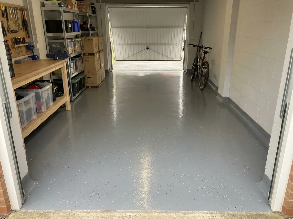 Completed grey epoxy resin floor with decorative flake in a domestic garage, seamless from wall to wall with a coved edge