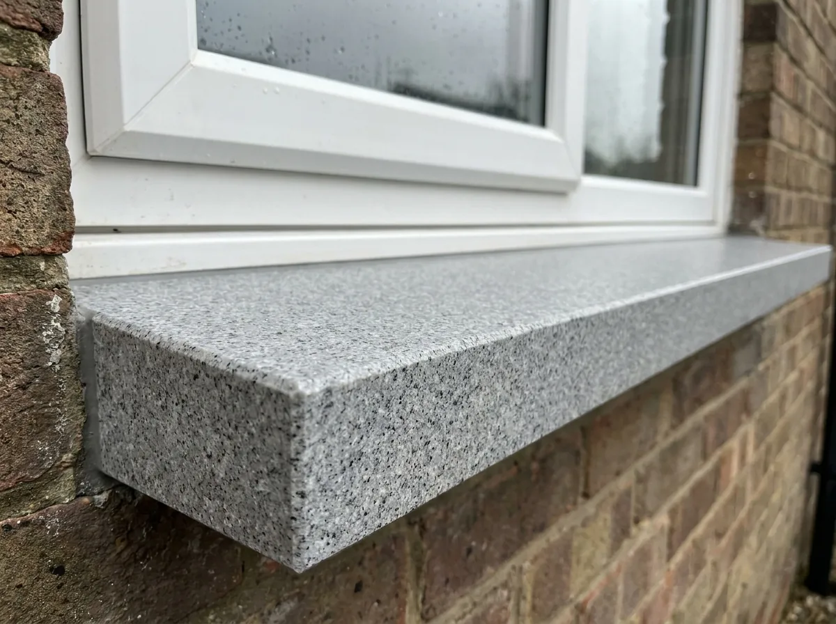 The same style of window sill after restoration, finished in a silver-grey granite-effect stone chip coating with a crisp clean arris