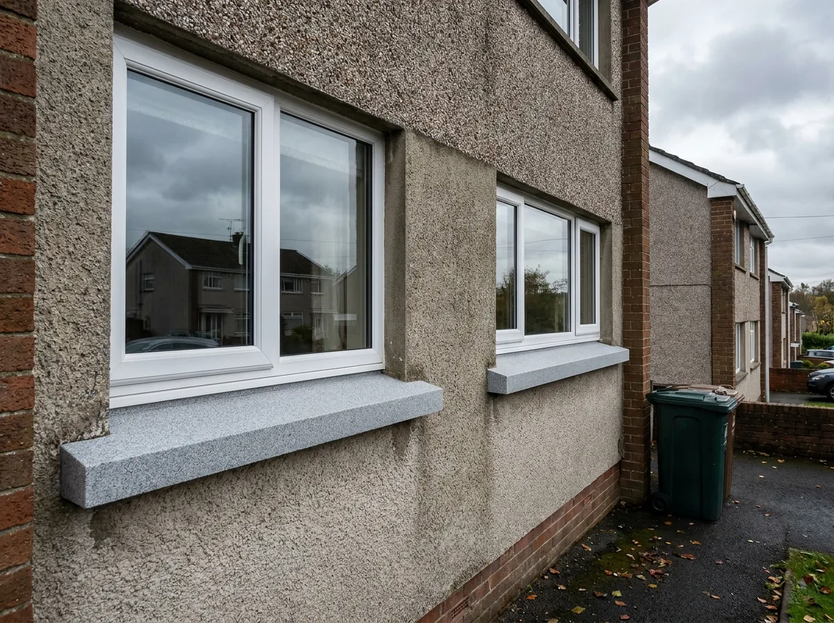 Restored granite-effect window sills on a pebbledash semi-detached house, showing the clean square front edge beneath white uPVC windows