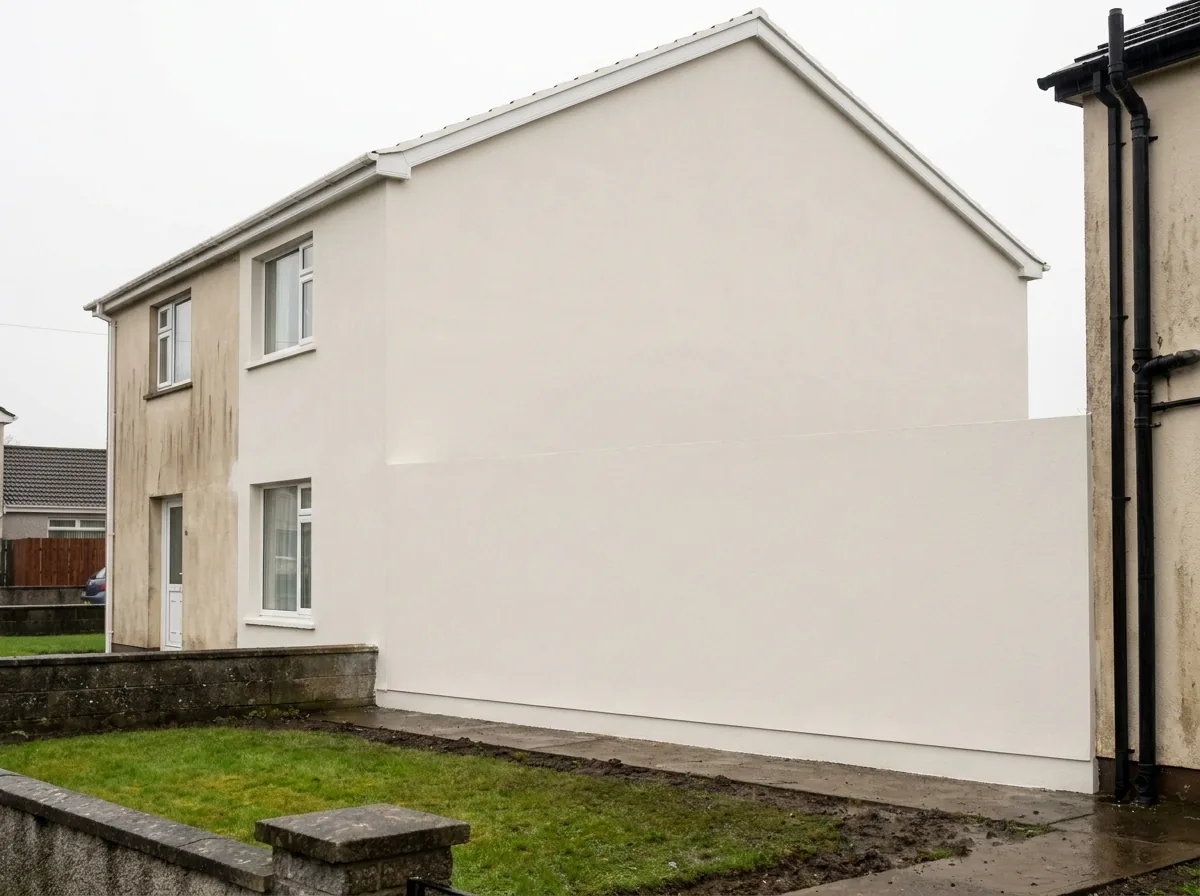House gable freshly finished in a smooth off-white render coating, with a section of older weathered render visible alongside for contrast